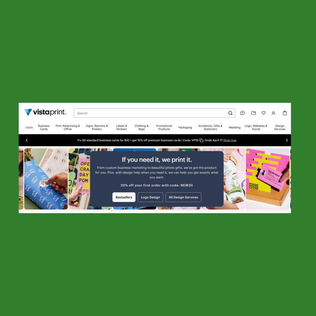 The screenshot of the Vistaprint landing page.