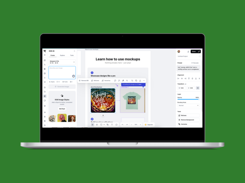 A screenshot mockup with Kittl’s editor, as an example of t-shirt design software.