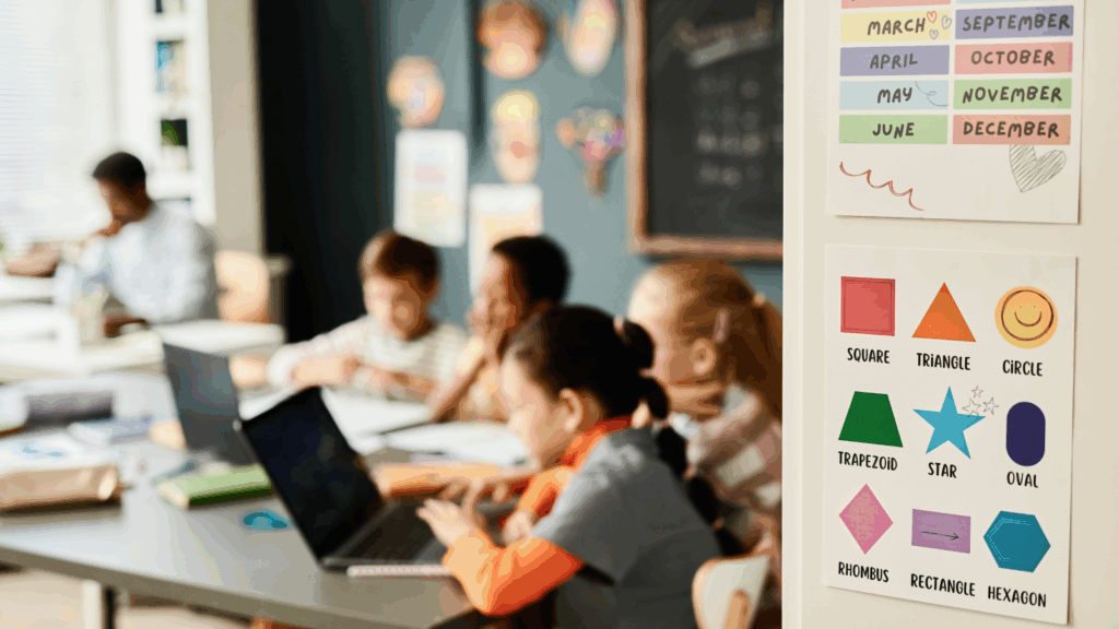 A classroom filled with children attentively sitting at their desks, engaged in learning activities.