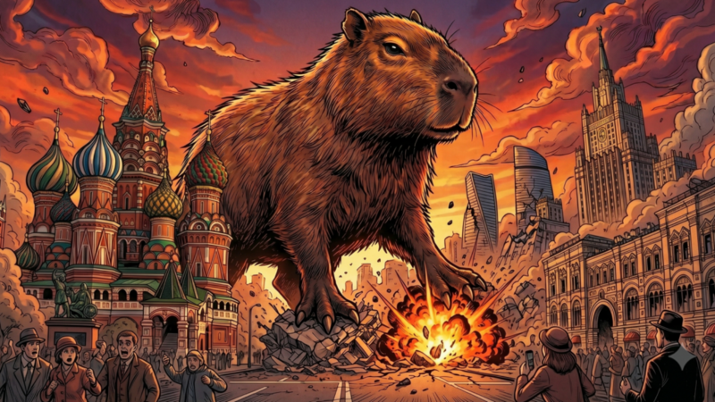 An AI-generated image of a giant capybara destroying a city.