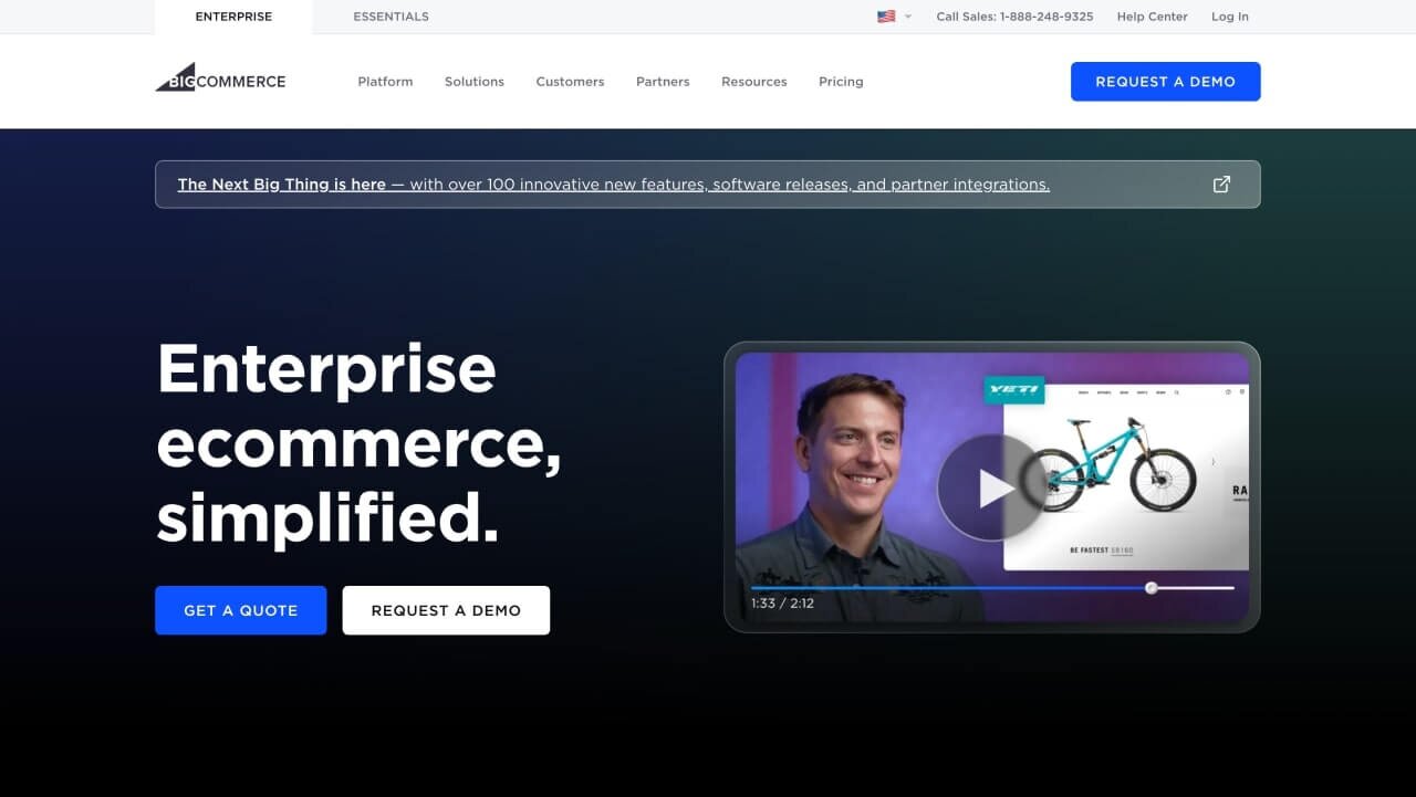 BigCommerce homepage hero section screenshot.
