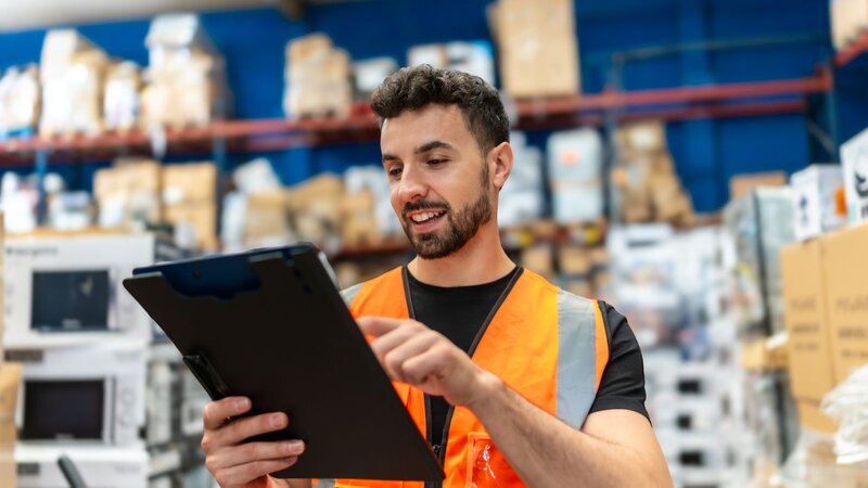 A warehouse worker in an orange safety vest using a tablet.