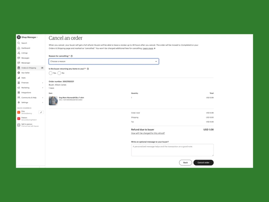 A screenshot mockup showing how to cancel an Etsy order as a seller.