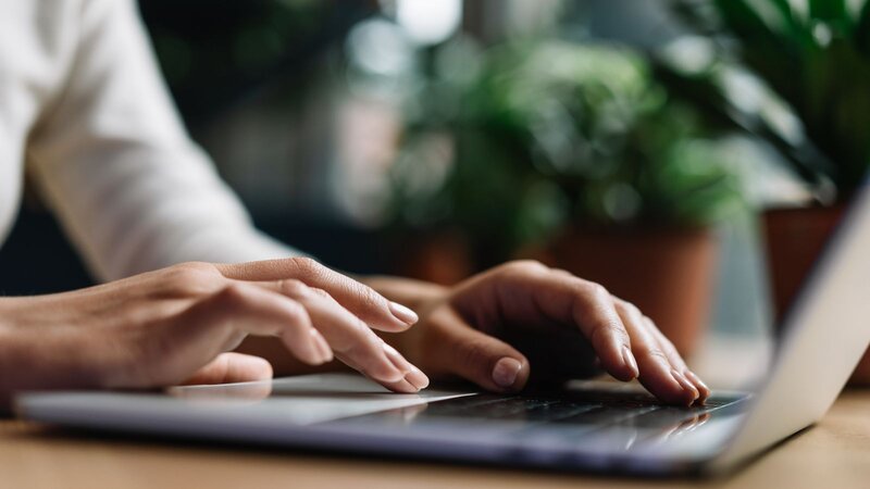 A person's hands typing on a laptop with plants in the background.