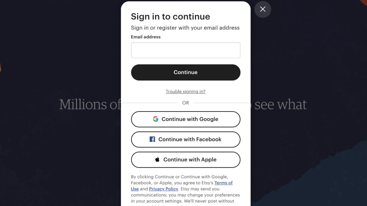 Etsy's sign-in and registration pop-up window.