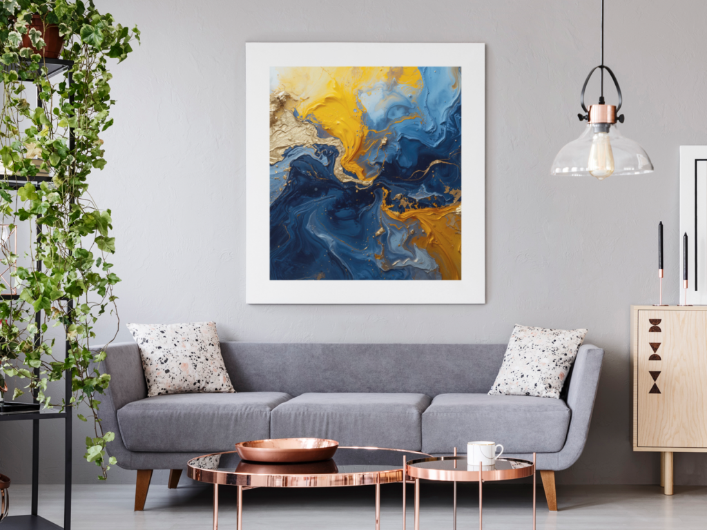 A modern living room with a gray sofa, abstract painting in blue and gold hues on the wall, surrounded by plants.