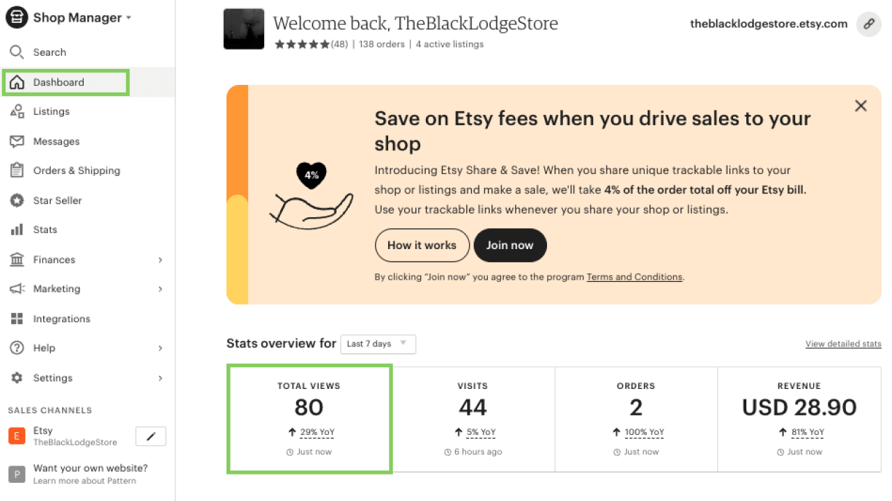 Dashboard section on Etsy with the Total Views metric highlighted.