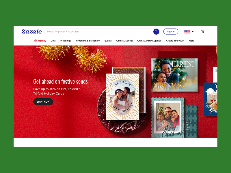 Zazzle homepage advertising custom holiday photo cards.