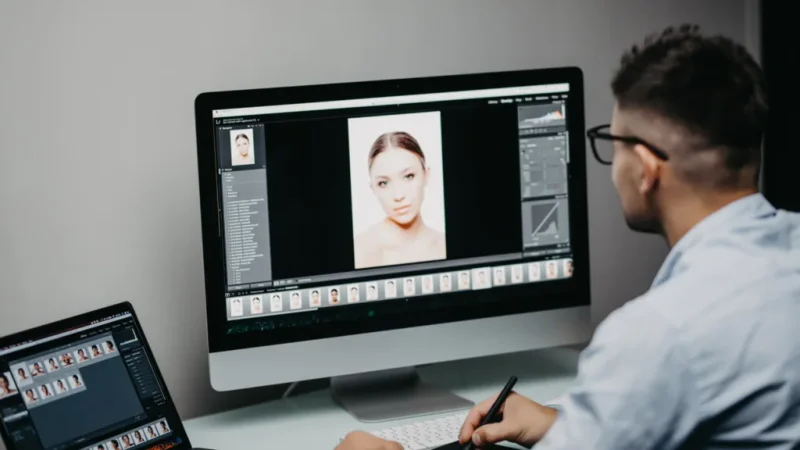 A man in glasses is editing a portrait shot of a woman on a computer.
