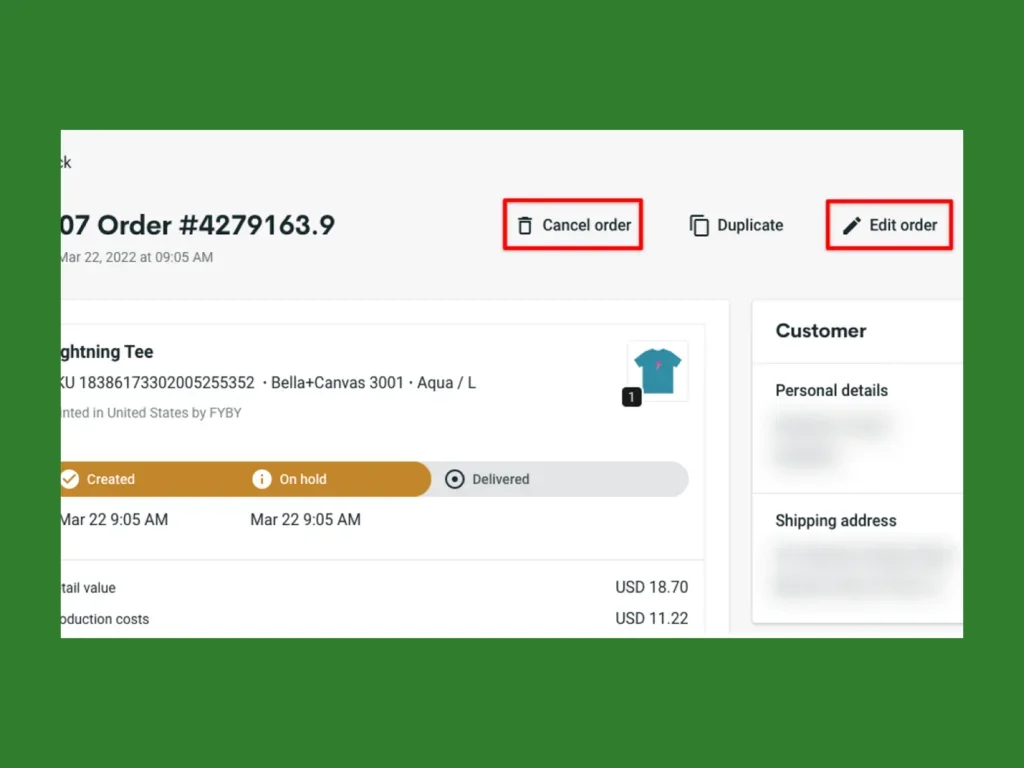 A screenshot mockup highlighting how to cancel or edit an Etsy order using the Printify dashboard.