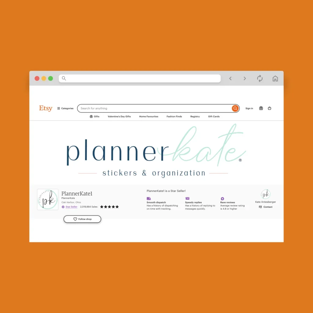 PlannerKate1 Etsy shop hero section screenshot.
