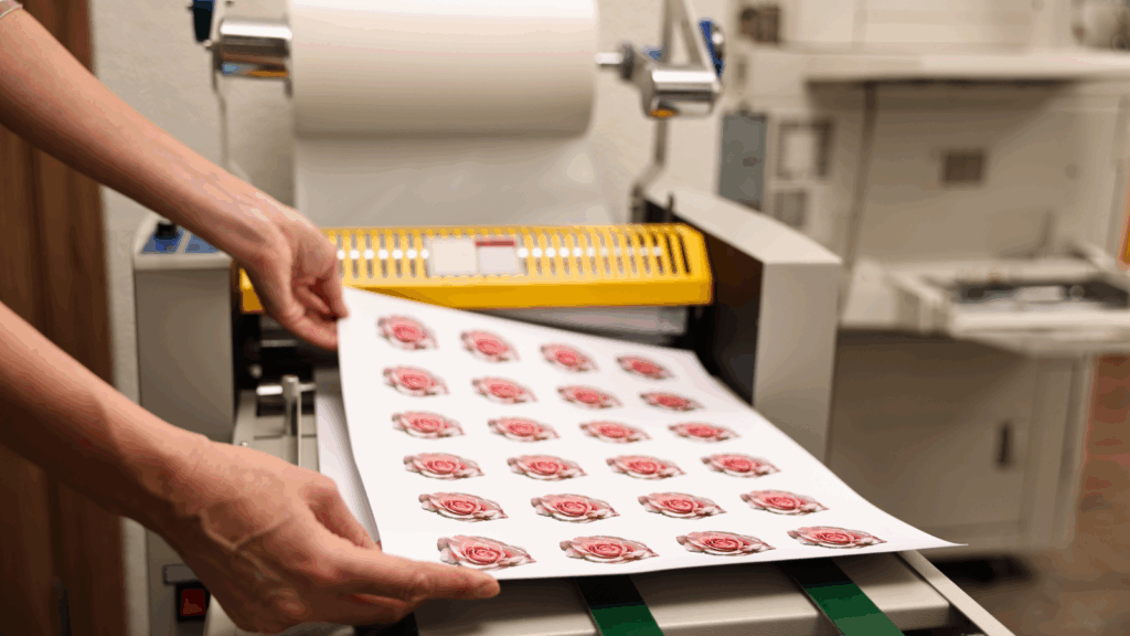 A person printing stickers with a printing machine.