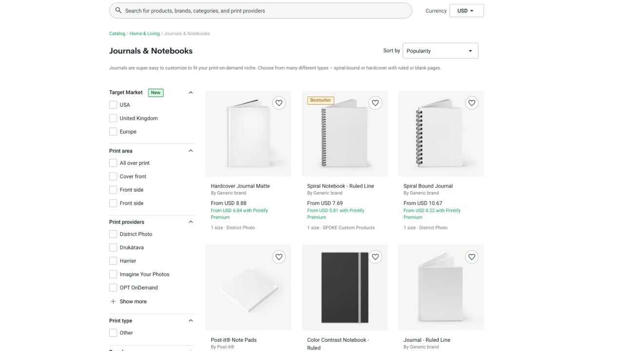Printify's Catalog section of journals and notebooks.