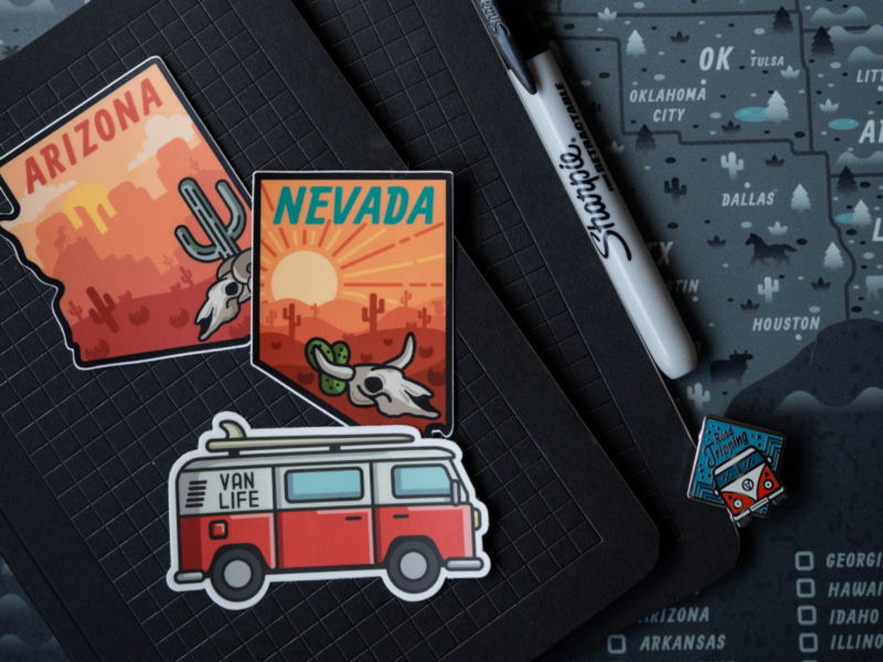 A fun sticker collection showcasing Arizona and Nevada deserts, perfect for van life enthusiasts.
