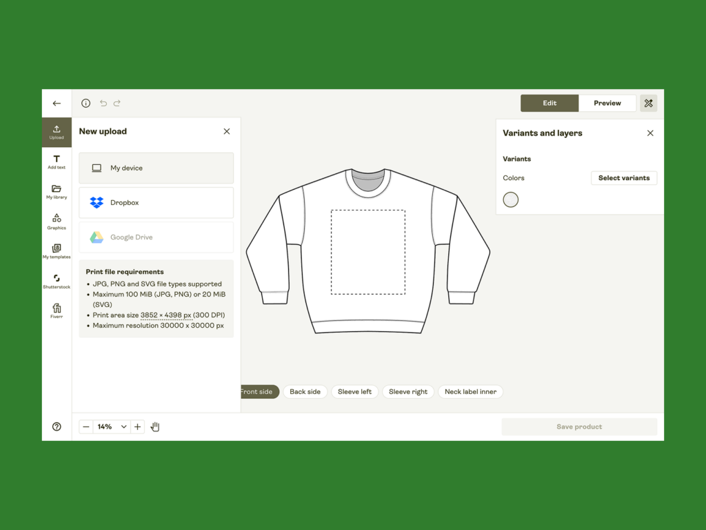 Screenshot mockup showing how to upload image files in Printify’s Product Creator.