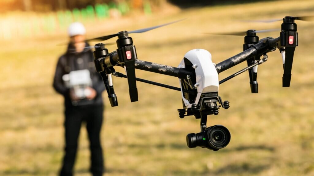 A man flying a drone with an attached camera.