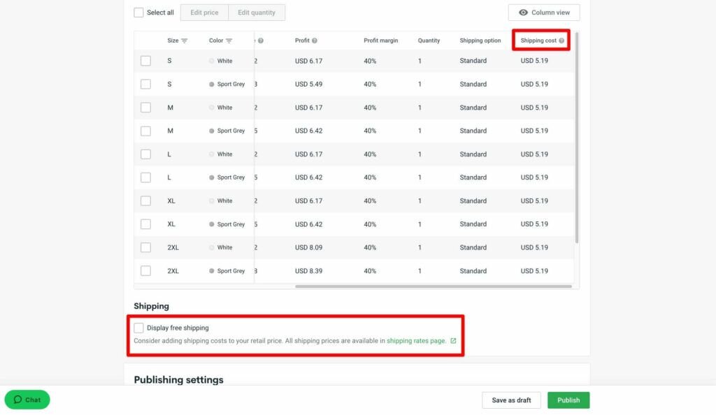 The Pricing section of a product in your Printify store, with the "Shipping costs" and "Shipping" options highlighted in red.
