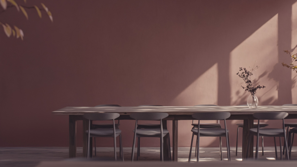 An AI visualization of an interior colored in Benjamin Moore’s Color of the Year 2025: Cinnamon Slate.