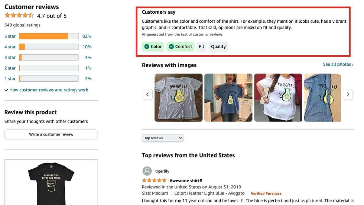 “Customers say” section under the “Customer reviews” part of an Amazon listing.