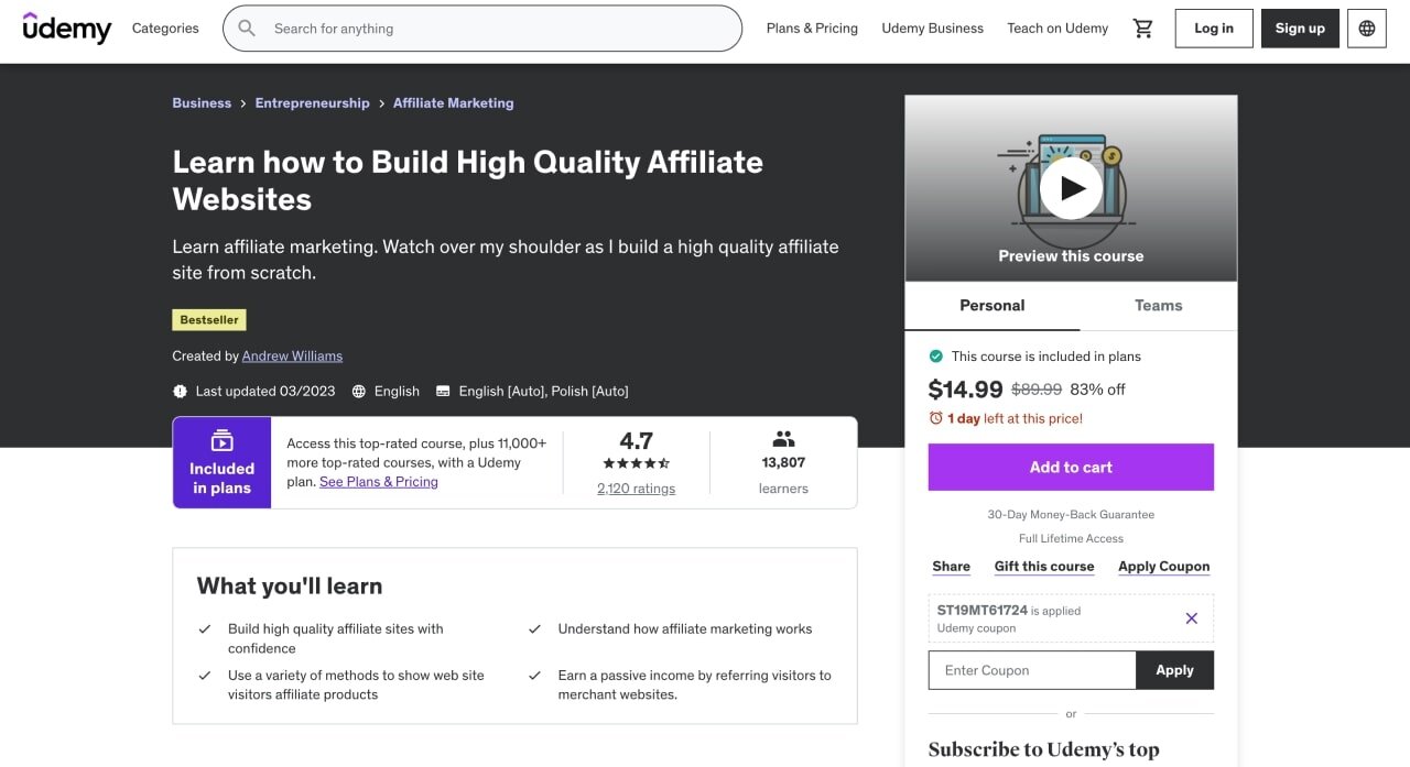 Udemy's “Learn How to Build High-Quality Affiliate Websites” paid course page hero section screenshot.