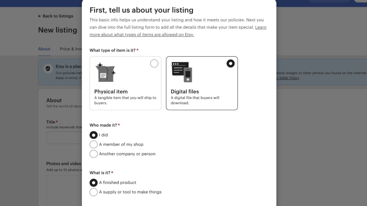 Etsy's listing creation page showing the “Digital files” box ticked.