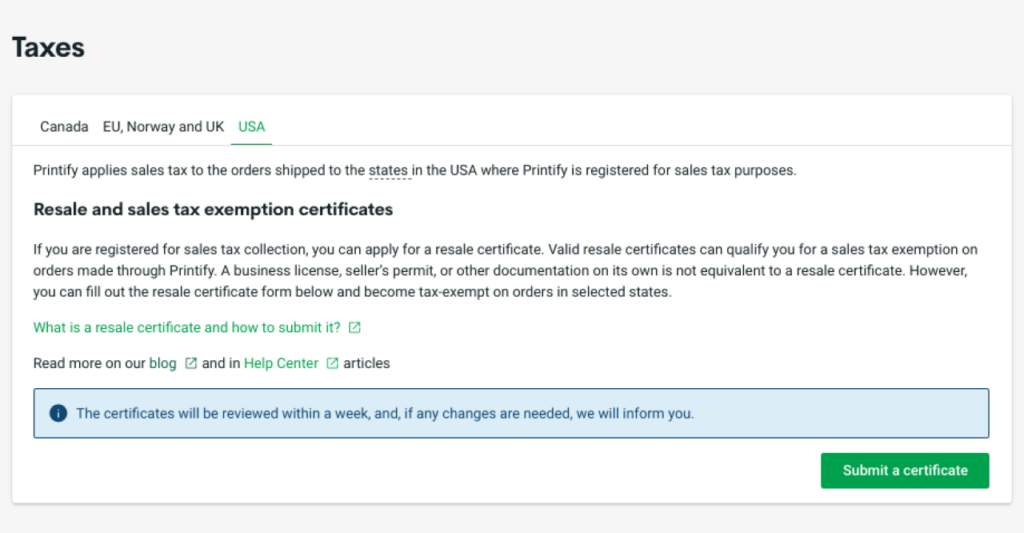 Printify's page where merchants can submit their resale and sales tax exemption certificates.