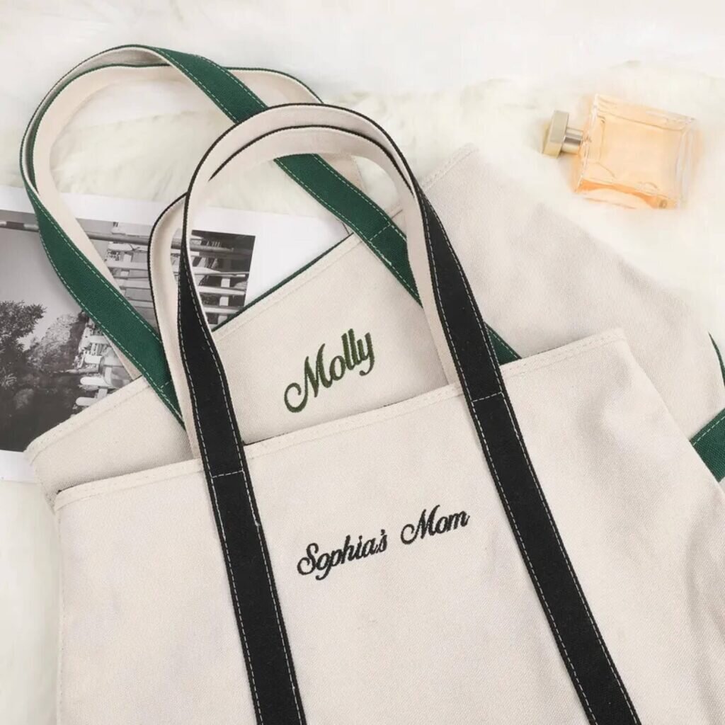 Tote bags with monogrammed people’s names.