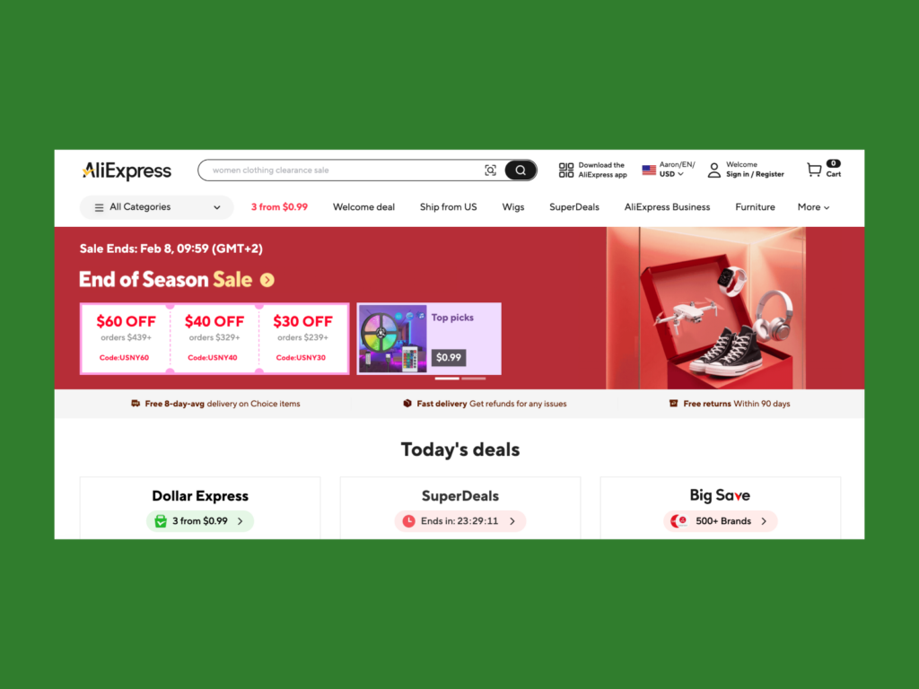 Screenshot of AliExpress homepage.