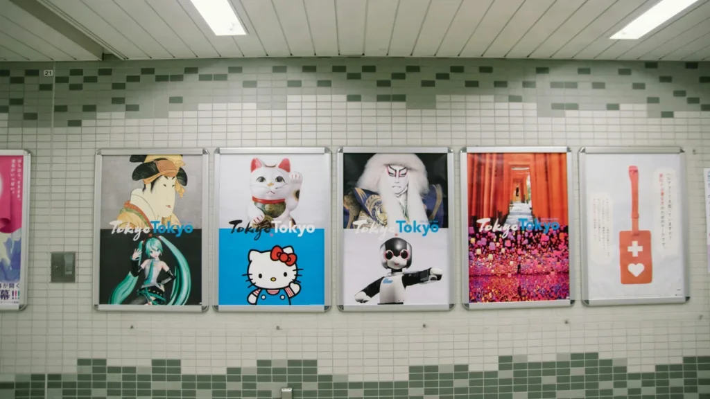 A vibrant subway station adorned with colorful posters with various beloved characters.