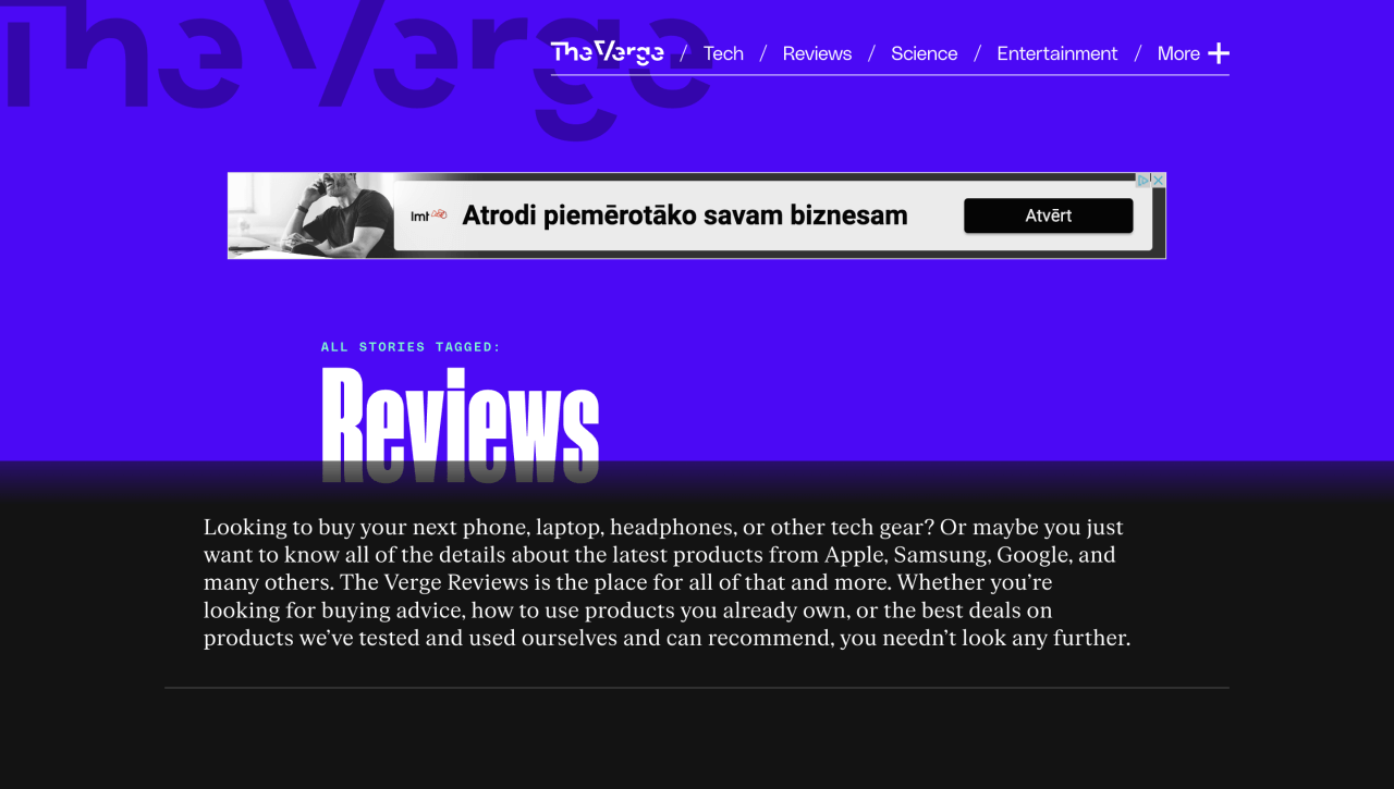 A screenshot of the Verge homepage header.