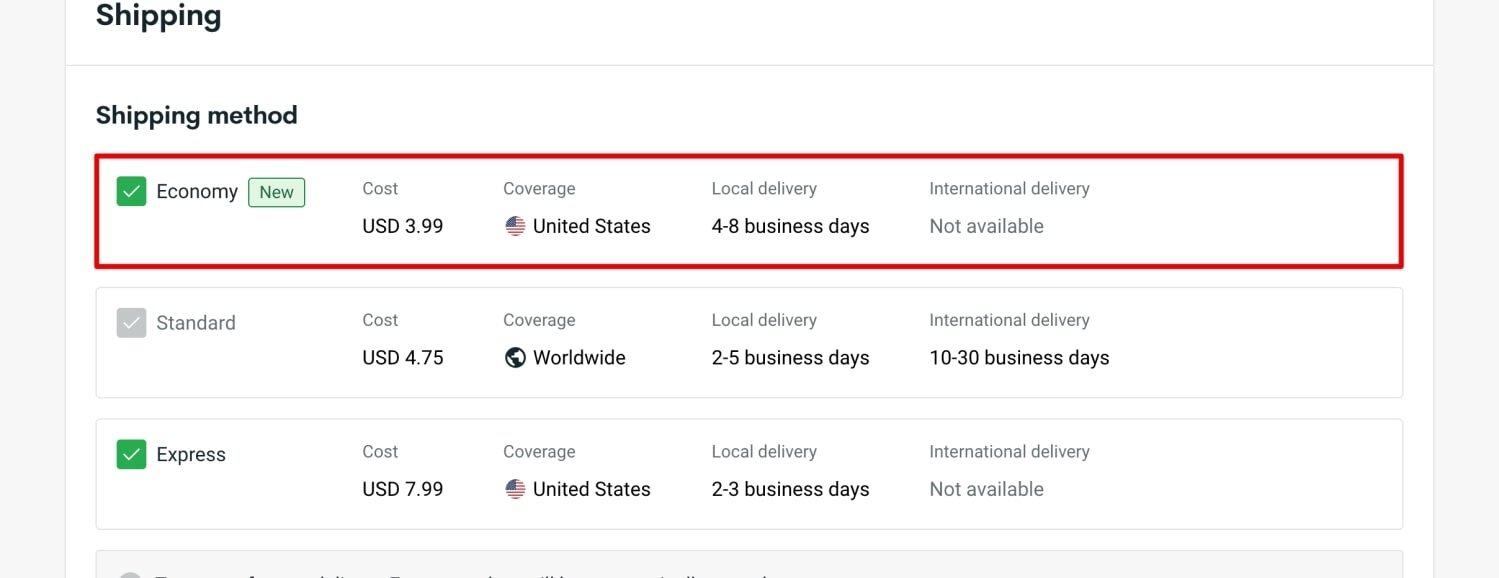 Economy Shipping Method selected within a specific product's shipping settings.