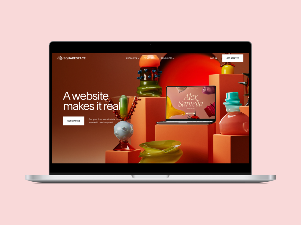 A mockup of a laptop with Squarespace’s homepage on the screen.
