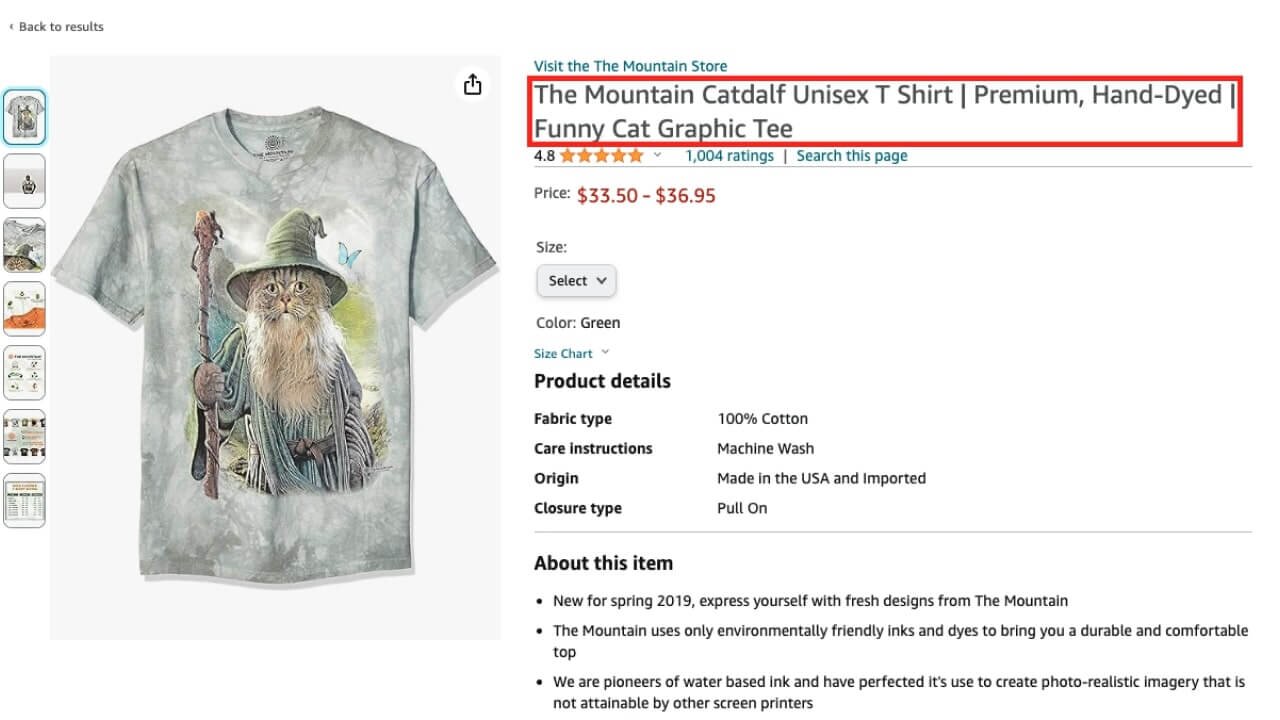 An example title of an Amazon listing saying: “The Mountain Catdalf Unisex T-Shirt. Premium, Hand-Dyed. 