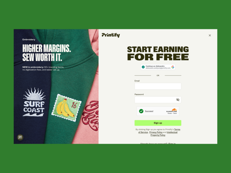A screenshot mockup of Printify’s sign-up page.