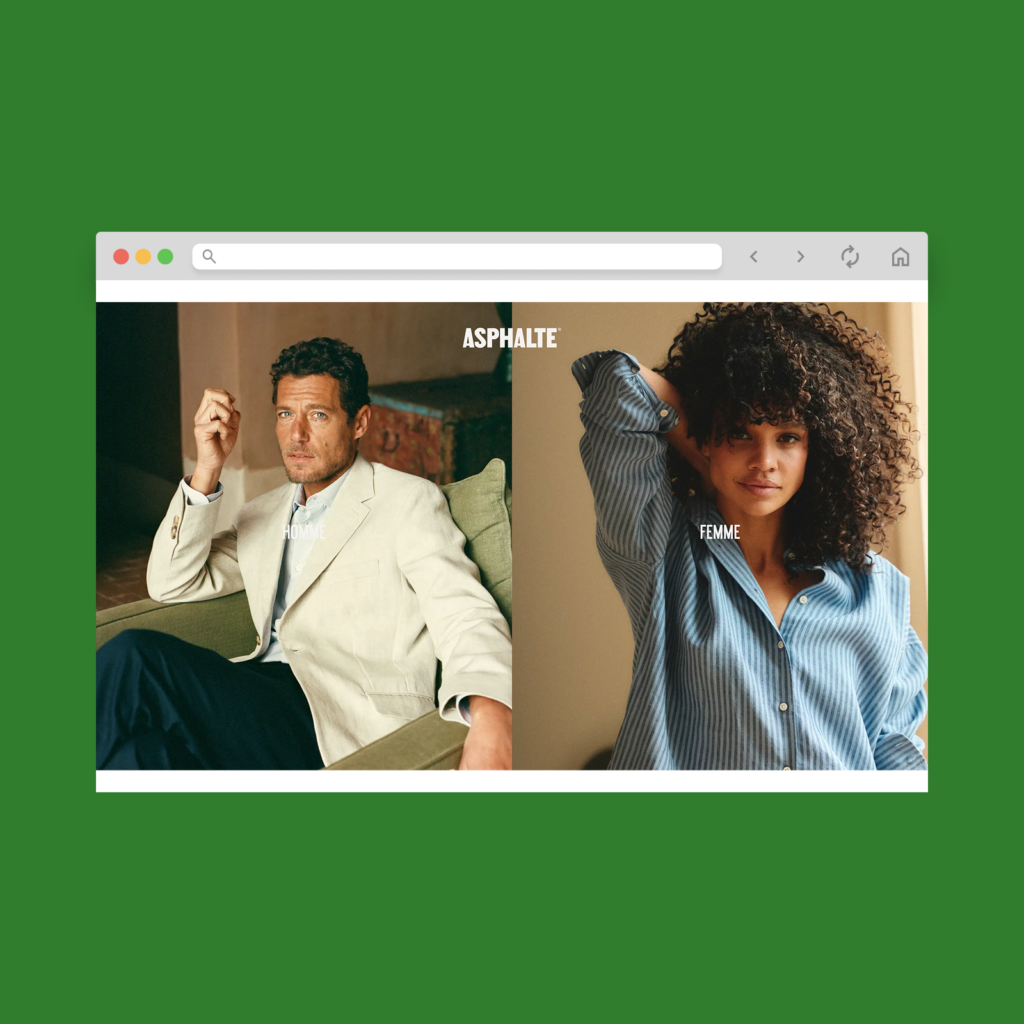 Asphalte homepage hero section screenshot mockup as a Shopify clothing store example.