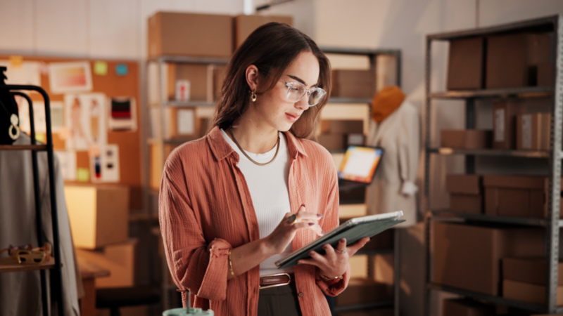 A woman in a stylish, casual outfit stands in a warehouse or office, focused on her tablet.