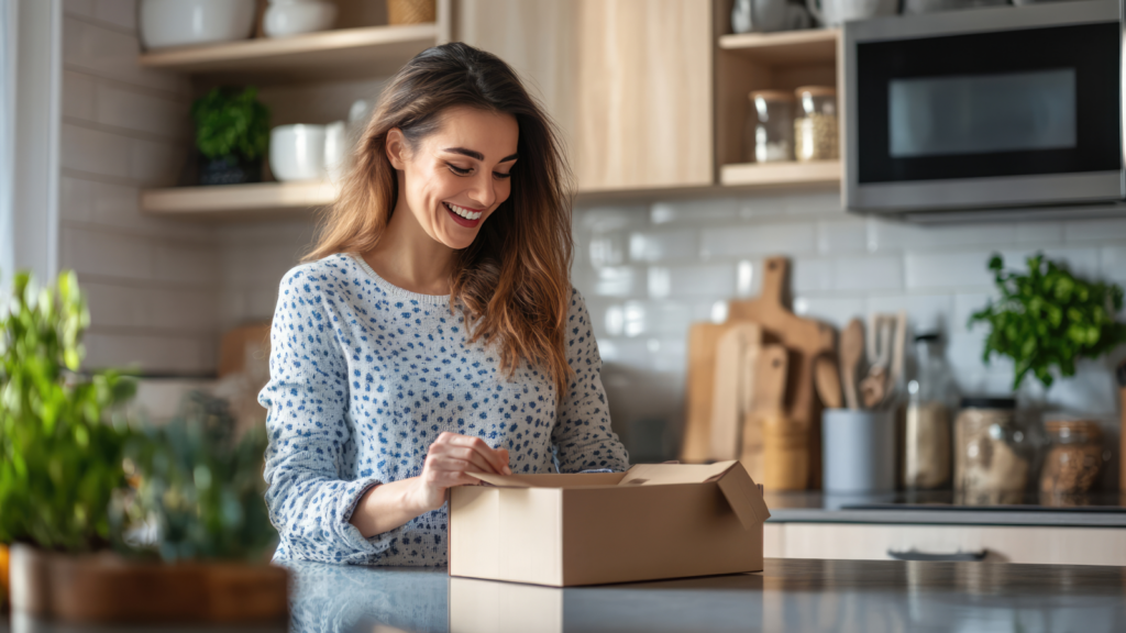 A smiling woman preparing to open a delivery box.