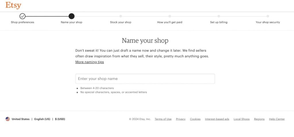A screenshot of Etsy's "Name your shop" page, where you can enter a custom shop name between 4-20 characters.