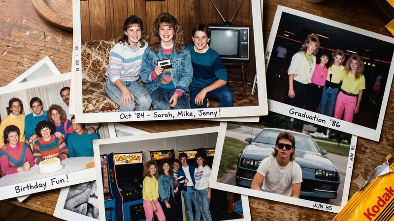 A collection of old photographs featuring groups of people in various settings, including a birthday celebration and a graduation event.