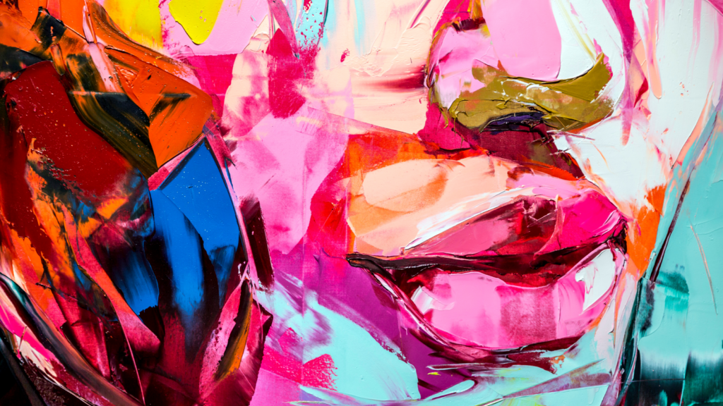 A vibrant painting depicting a woman's face, showcasing a blend of colors and expressive features.
