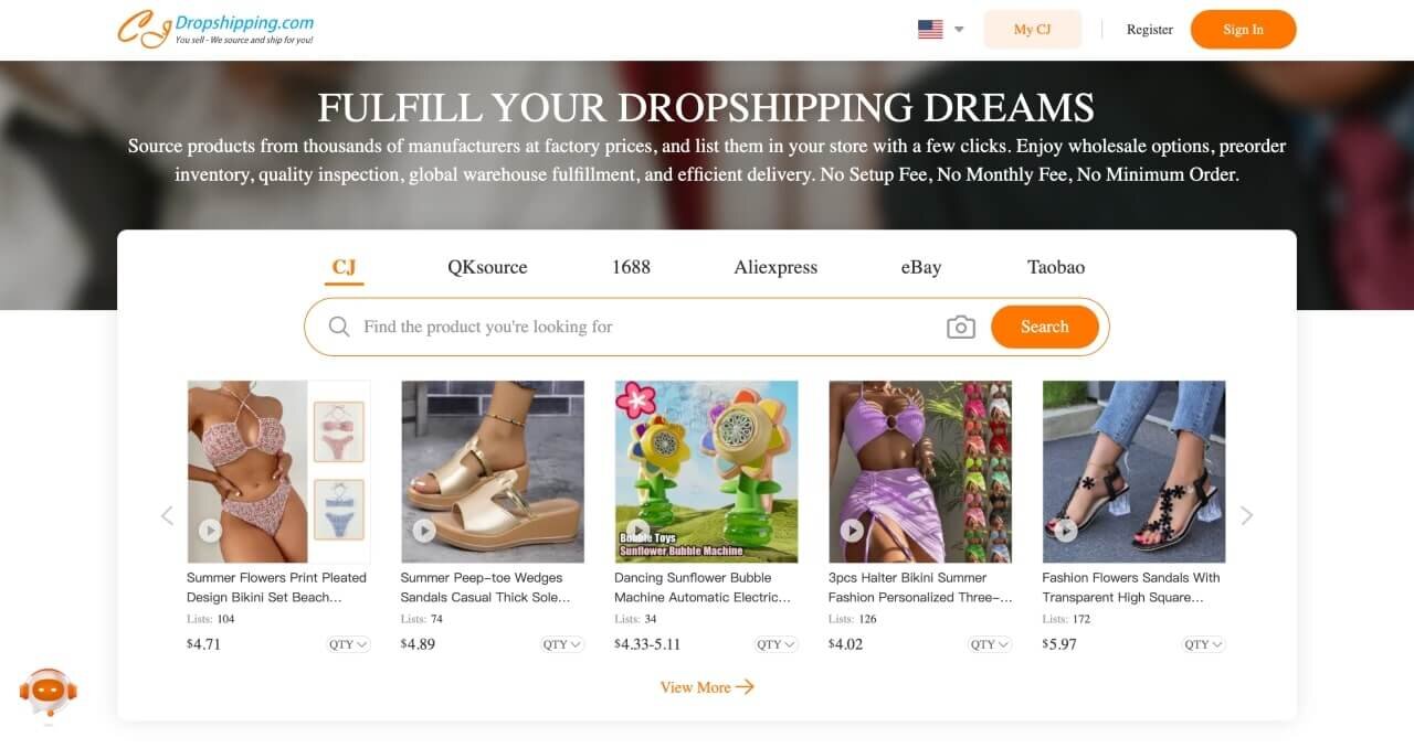 CJdropshipping homepage hero section screenshot.