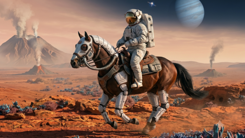 An AI-generated image of an astronaut riding a horse on a different planet.