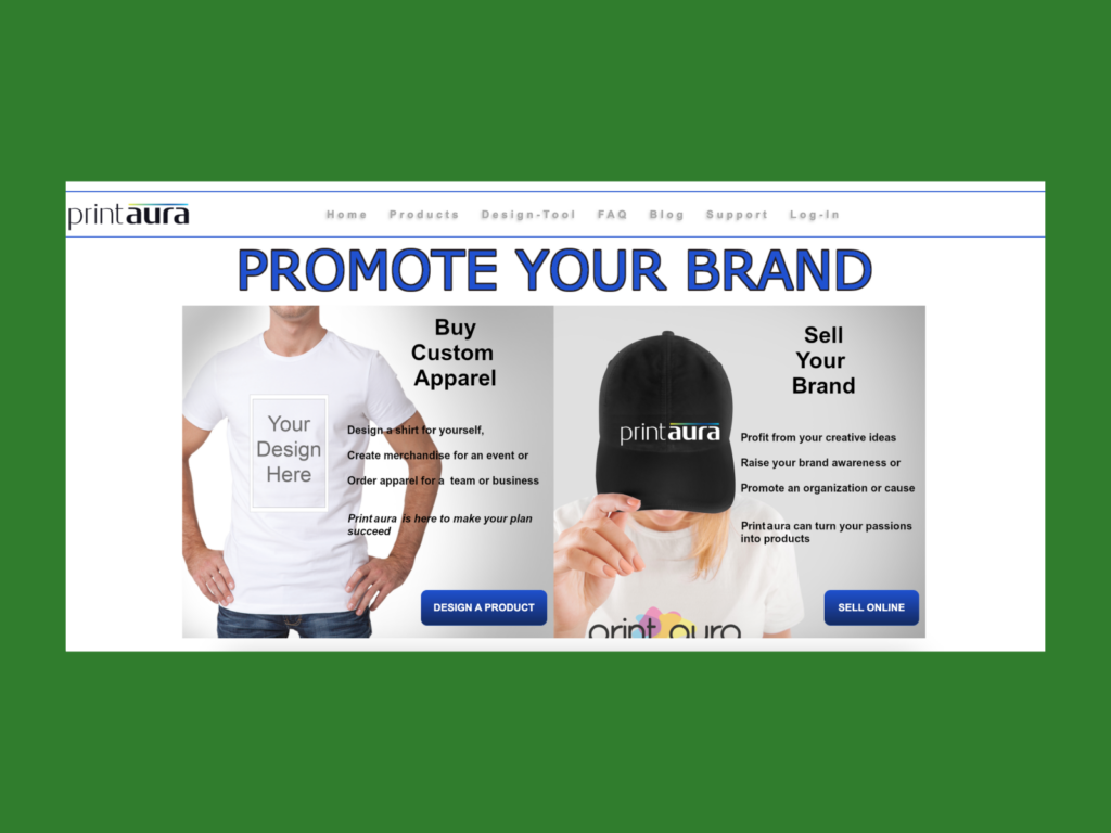 A screenshot of the Printaura landing page.