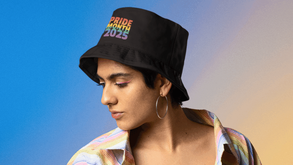 A woman wearing a colorful rainbow hat.
