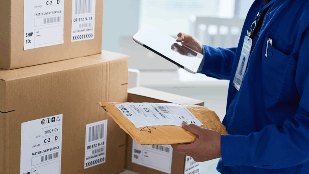 A man in a blue shirt holds a tablet while examining several boxes around him.