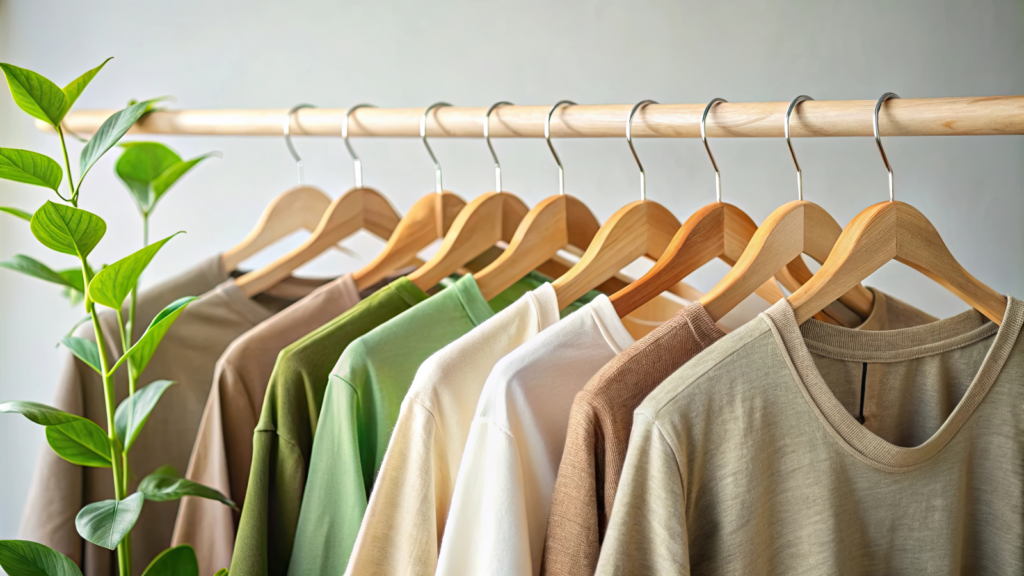 Eco-friendly t-shirts on a rack with a green houseplant on the side.