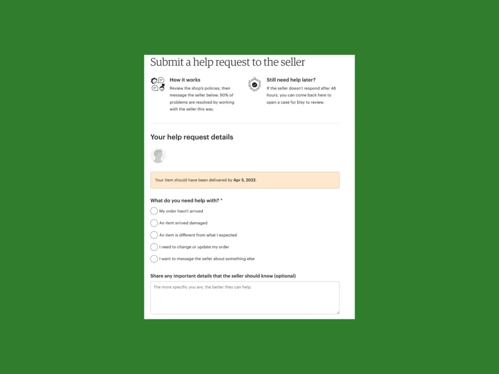 A screenshot mockup highlighting Etsy’s help submission form for buyers to sellers.