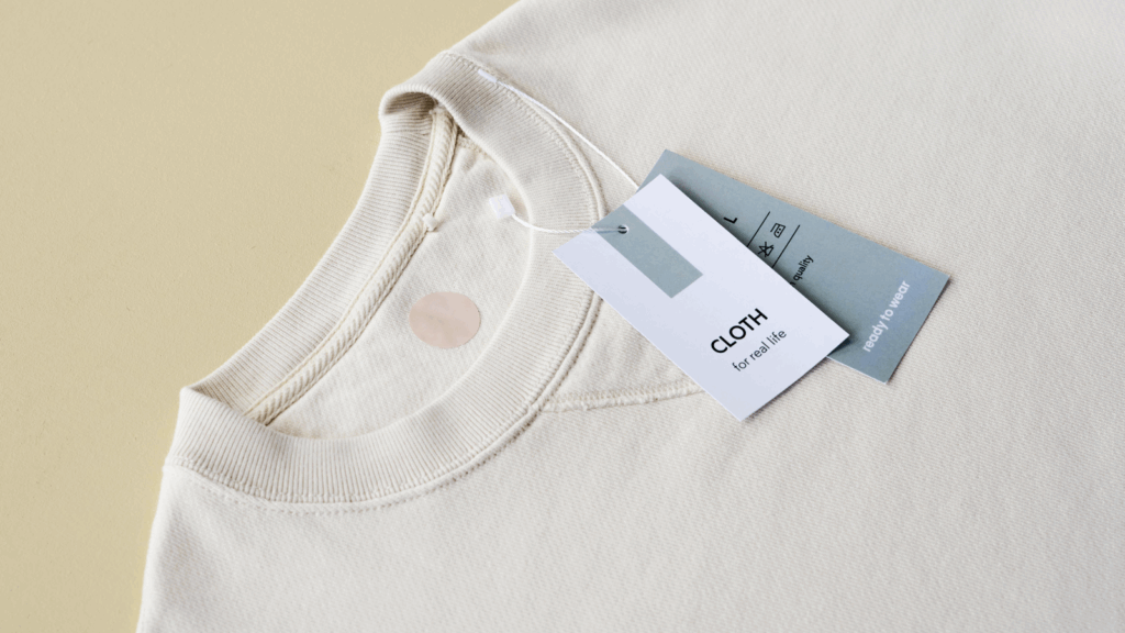 A plain white t-shirt displayed with a visible tag attached to it.