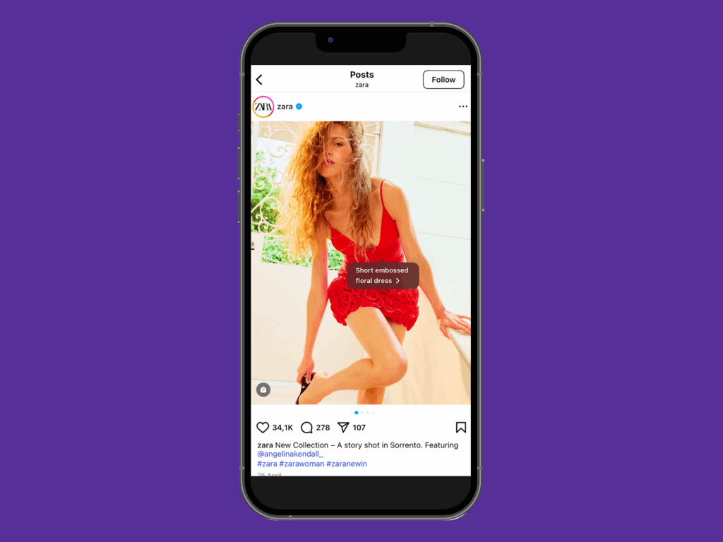A screenshot mockup of a mobile phone with a product from Zara’s Instagram Shop.