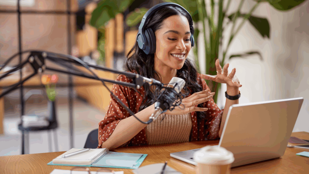 A woman is talking during a podcast.